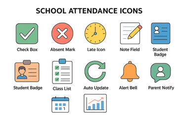 Colorful school attendance icons with check box, note field, alert bell, and more