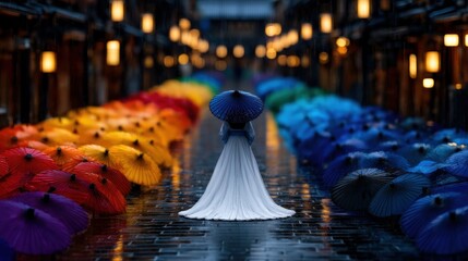 A woman in a white gown walks down a rain-slicked street lined with colorful umbrellas, under a soft glow
