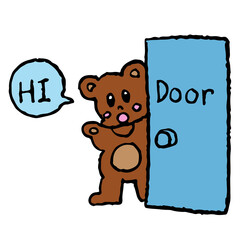 Hand drawn teddy bear greeting at the door for children, zoo, souvenir shop, animal, sticker, tattoo, cute patch, brooch, print, card, cartoon character, comic, mascot, department store, kid zone