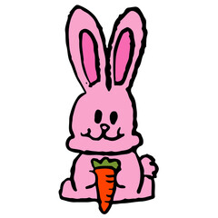 Hand drawn crayon illustrations of pink bunny eating carrot for cartoon characters, comic, mascot, cute patch, rabbit drawing, animal, pet shop, vet, sticker, happy easter, zoo, souvenir shop, logo	

