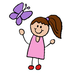 Hand drawn crayon illustration of happy girl in pink dress and butterfly for back to school, student, children, childhood, people, human, sticker, tattoo, playground, family members, summer break