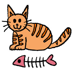 Hand drawn cute illustrations of cat and fish bone for cartoon characters, comic, mascot, cute patch, shirt print, kitten drawing, adopt and rescue animal, pet shop, vet, foster home, shelter, food
