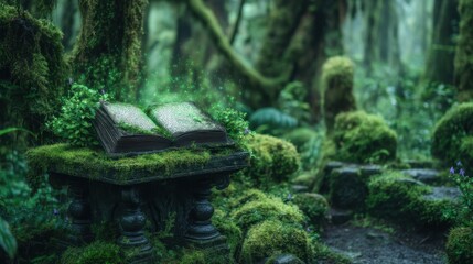 Aged book resting on mossy stone in mystical forest