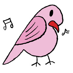 Hand drawn crayon illustrations of pink bird and music melody for animal, zoo, souvenir shop, cartoon character, comic, mascot, sticker, kid doll, trip, travel, vacation, good morning, nature, garden
