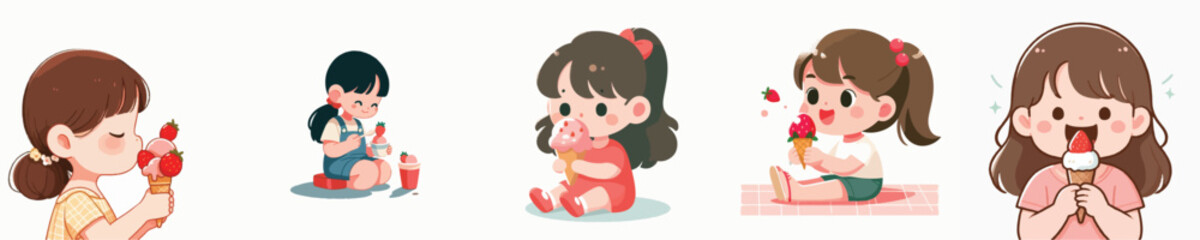 vector of a litte girl eating strawberry ice cream