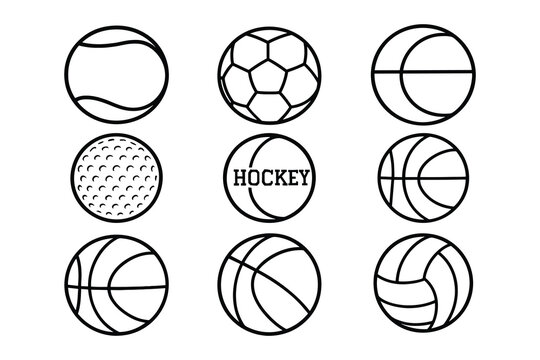 A vector illustration of various sports balls in a simple outline style. Great for designs.