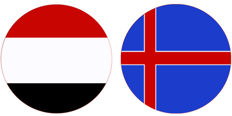 Yemen Official flag with Iceland national flag, both countries flags in Round shape and isolated on white background
Circular colorful design Flag with together.
