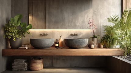 Serene bathroom oasis featuring stone sinks and vibrant greenery evoking calm and spa retreat vibes