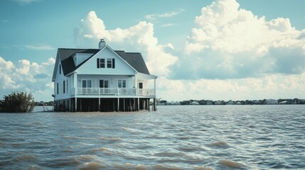 House on stilts in flooded area