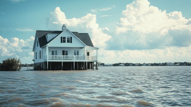 House on stilts in flooded area