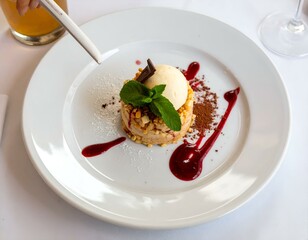 Delicious gourmet dessert on a white plate. Elegant presentation with ice cream, nuts, mint, and berry sauce.