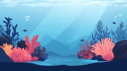 Underwater scene with coral and seaweed.