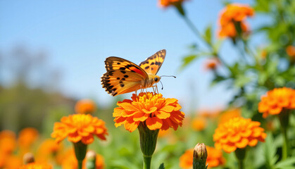 Obraz premium Butterfly resting on orange marigold flowers in a sunny garden 