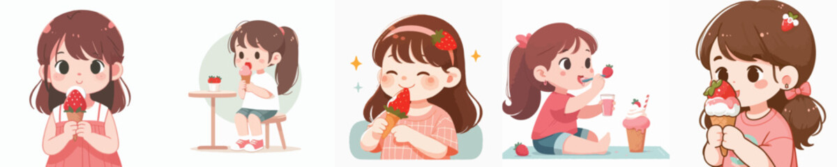 vector of a litte girl eating strawberry ice cream