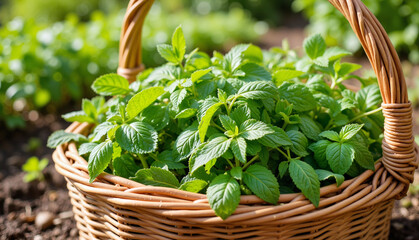 Fresh mint leaves in a wicker basket on the garden soil  