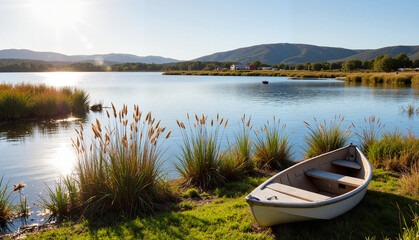 Cozy small boat resting by a tranquil lake with mountains in background  