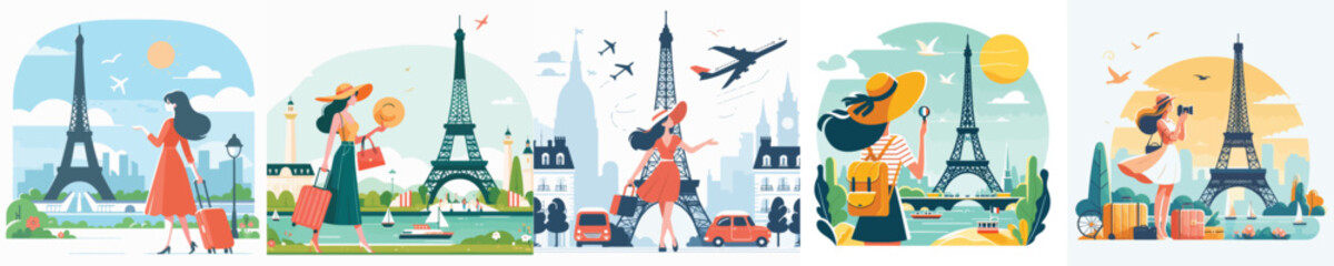 vector of a woman on vacation to paris eiffel tower