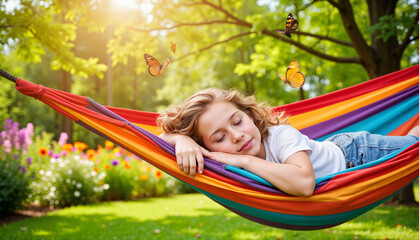 Young girl relaxing in colorful hammock surrounded by flowers and sunlight  