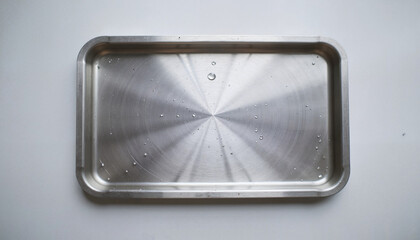 Stainless steel tray with water droplets on a smooth surface  