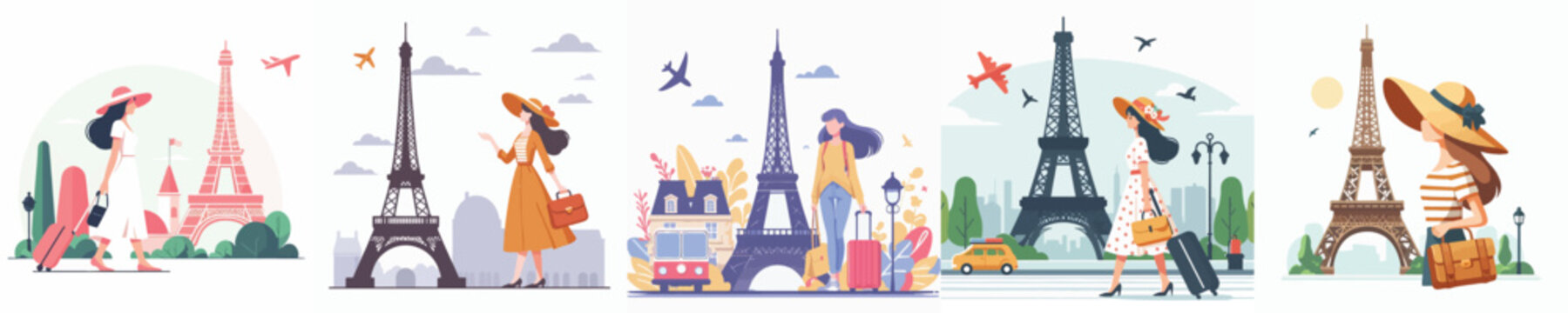 vector of a woman on vacation to paris eiffel tower