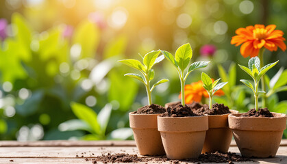 Fresh green seedlings in terracotta pots on wooden table in garden  