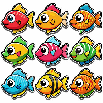 Naklejki 9 diffrent Cute Fishs set sticker  design and bold line black , white background ,full  color