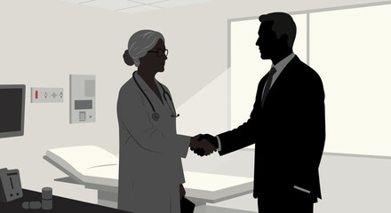 Fototapeta premium Silhouette Icon: Mature Doctor Shaking Hands with Pharma Rep - Medical Business Agreement