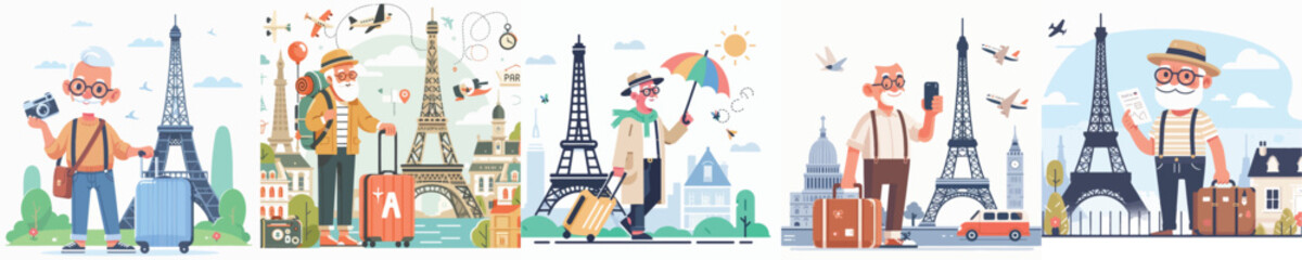 vector of a grandfather on vacation to paris eiffel tower