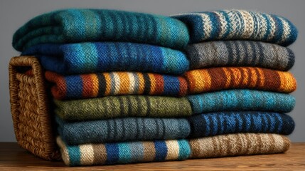 Stacked folded blankets, next to wicker basket, soft colors