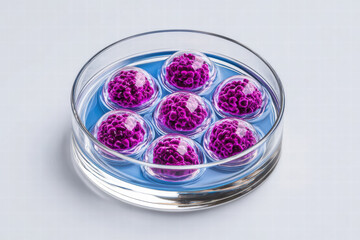 Laboratory petri dish containing purple cell cultures in blue medium, showcasing cellular structures and scientific research. This evokes sense of innovation and discovery in biotechnology