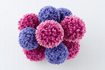 Colorful spherical structures resembling microscopic cells or viruses create vibrant and intricate pattern. combination of pink and purple hues adds striking visual appeal, evoking sense