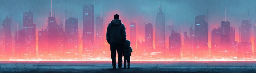A person and child stand together, gazing at a glowing city skyline in the rain, evoking a sense of wonder and connection.