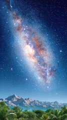 Stunning view of galaxy in night sky above majestic mountains and lush greenery, evoking sense of wonder and tranquility