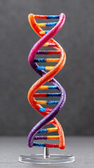 Colorful DNA model stands upright, showcasing double helix structure with vibrant strands shades of orange, pink, purple, and blue. This artistic representation highlights complexity of genetic