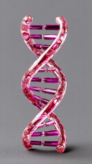 Vibrant pink glass sculpture representing DNA double helix, showcasing intricate details and glossy finish. This artistic piece symbolizes genetics and molecular biology, adding modern touch to