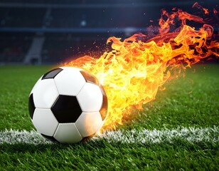 Fototapeta premium Fiery soccer ball on a green field. Perfect for sports, energy, and competition themes.