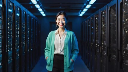 A confident female tech professional smiling in a server room. The woman is in a data center. Surrounded by high-tech equipment. - Powered by Adobe