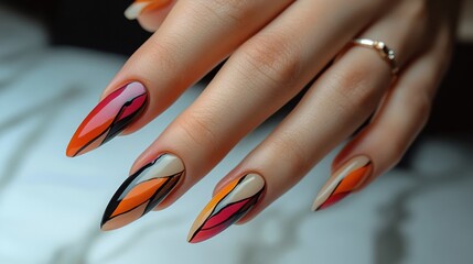 Nail art design with geometric patterns in orange, pink, and black on long nails