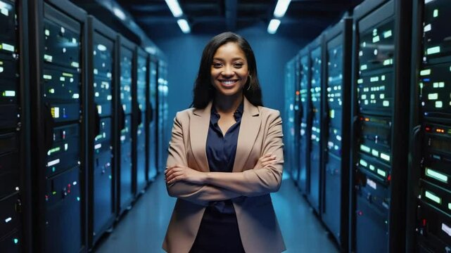 Confident it specialist standing in a data center with servers. She smiles, arms crossed - Powered by Adobe