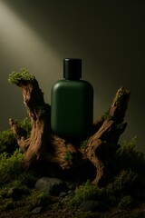 Elegant Green Perfume Bottle on Mossy Driftwood Nature Still Life Product Photography