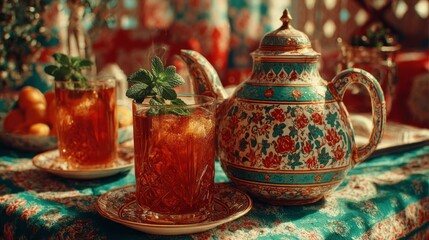 Tea service teapot, glasses, mint, rich fabric design