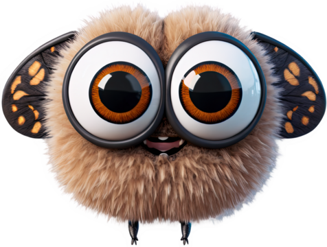 A whimsical, furry creature with big googly eyes and patterned wings smiles mischievously on black.