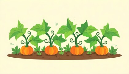 Flat color icon of a pumpkin vine with leaves and small pumpkins.