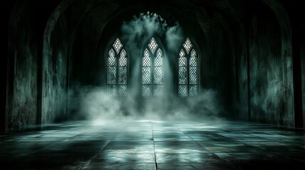 Obraz premium A mysterious, foggy interior of an old cathedral with Gothic arches. The mist adds an eerie and haunting atmosphere to the scene.