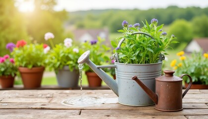 Metal watering can with flowers on wooden table in garden  