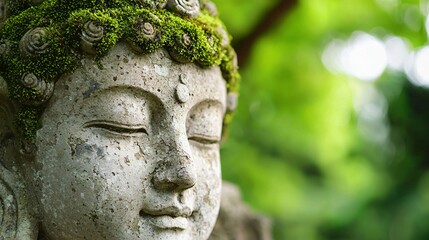 Obraz premium soft green moss forming on ancient garden statues with eroded facial features, surrounded by thin mist, dappled light, faded colors, and a haunting yet peaceful mood for conceptual or editorial