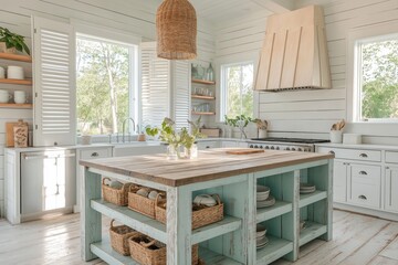 Fototapeta premium Bright sunlit kitchen featuring shabby chic kitchen design with white shiplap walls, wooden floors, rustic island. Concept of shabby chic kitchen design offers cozy decor, ideas.