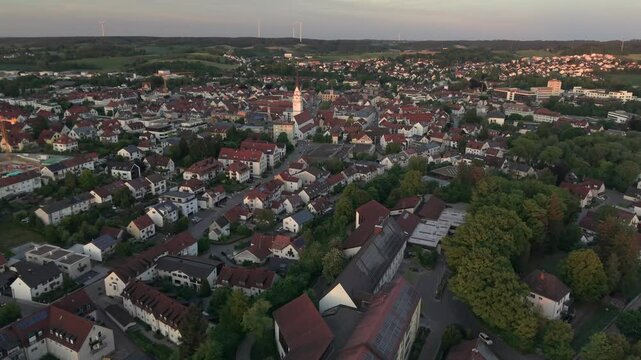 Bavarian Drone City fly over across Pfaffenhofen Ilm to see a typical and traditional city center