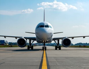 Fototapeta premium Airplane on runway, front view, clear sky. Perfect for travel, aviation, transportation themes.