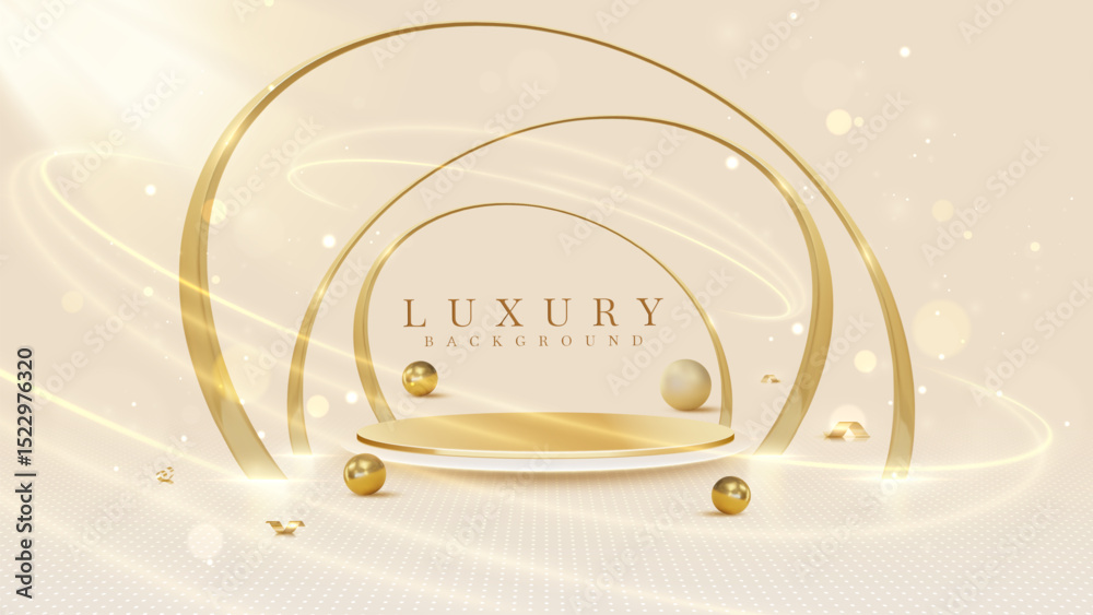 Wall mural empty elegant podium golden on cream color background with light neon effects and glow bokeh with go